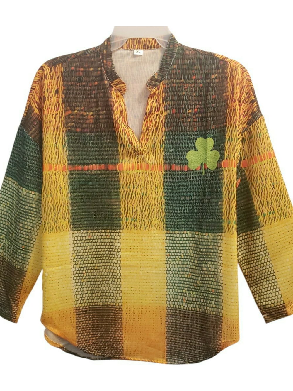 Women's XL oversized green/yellow Plaid blouse with Shamrock detail. New 7087